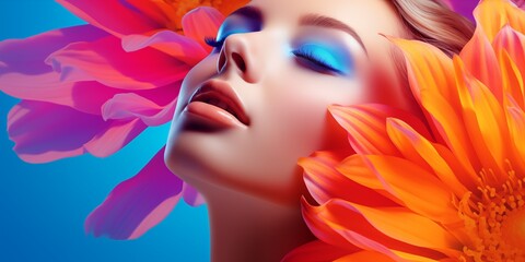 Woman face and flower concept poster. Beautiful girl face creative abstract banner. Graphic design photorealistic style. Style of realistic glamour fashion photography. AI artwork.	