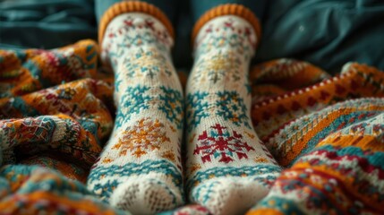 Fototapeta premium Close up view of cozy and vibrant hand knitted wool socks in festive patterns and warm colors representing a comforting and hygge inspired winter lifestyle The socks showcase intricate designs