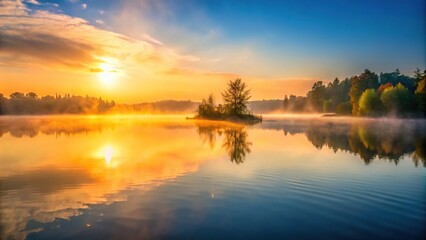 Fototapeta premium A serene lake at sunrise with mist rising from the water surface, nature, tranquility, landscape