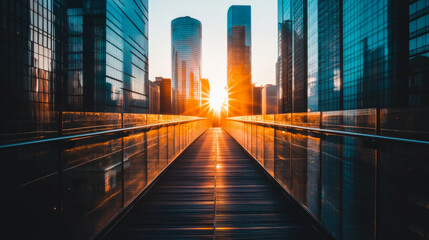Sunset view between skyscrapers in an urban city with reflective surfaces showcasing vibrant colors and architectural details