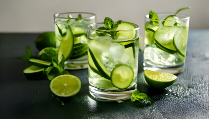 Fototapeta premium Cucumber Mint Cooler- Craft a refreshing drink that combines cucumber, mint, and lime.