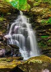 View of a waterfall with moss-covered stones and surrounding greenery