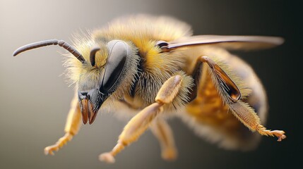 Close-up macro image of a bee showing detailed features including its eyes, antennae, and hairy body in sharp focus against a soft background.