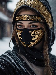 8k wallpaper of a mysterious beautiful masked kunoichi ninja wearing eyeliner and gold jewelry in the streets of a dark snowy town in russia.