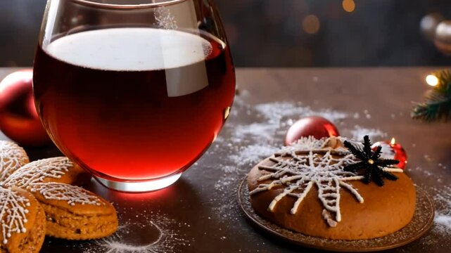 Festive glass of mulled wine with gingerbread cookie decor
