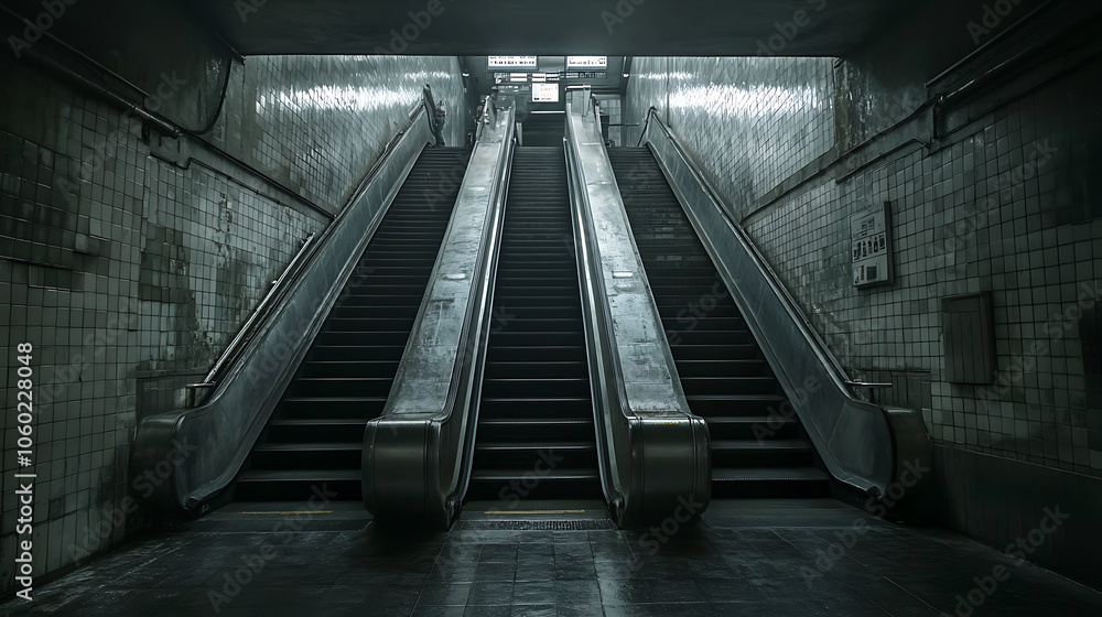 Poster dark subway scene featuring central escalator, creating moody atmosphere. tiled walls and dim lighti