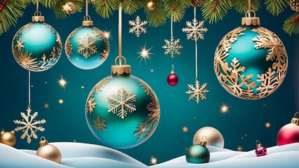 Złote i błękitne bombki w śniegu