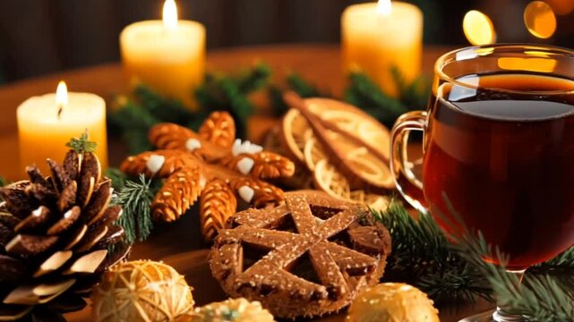 Holiday tea with gingerbread cookies and candlelit festive table setting