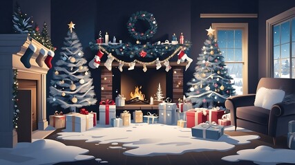 Świąteczny salon z kominkiem i choinkami