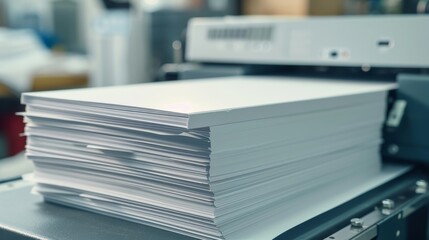 Thick stack of blank white paper sheets is waiting for printing on a conveyor of a modern printing machine in a typography