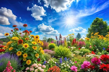 Obraz premium A vibrant garden scene with colorful flowers and lush foliage set against a bright blue summer sky, landscape, sunny, floral, flowers