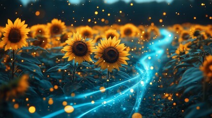 Fototapeta premium Blue Glowing Energy Flow Through Sunflower Field