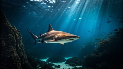 Fototapeta premium Lonely Heterodontus Shark in Dark Mysterious Blue Underwater Setting with Ethereal Atmosphere