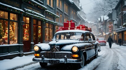 Klasyczne auto z prezentami w zimowej scenerii