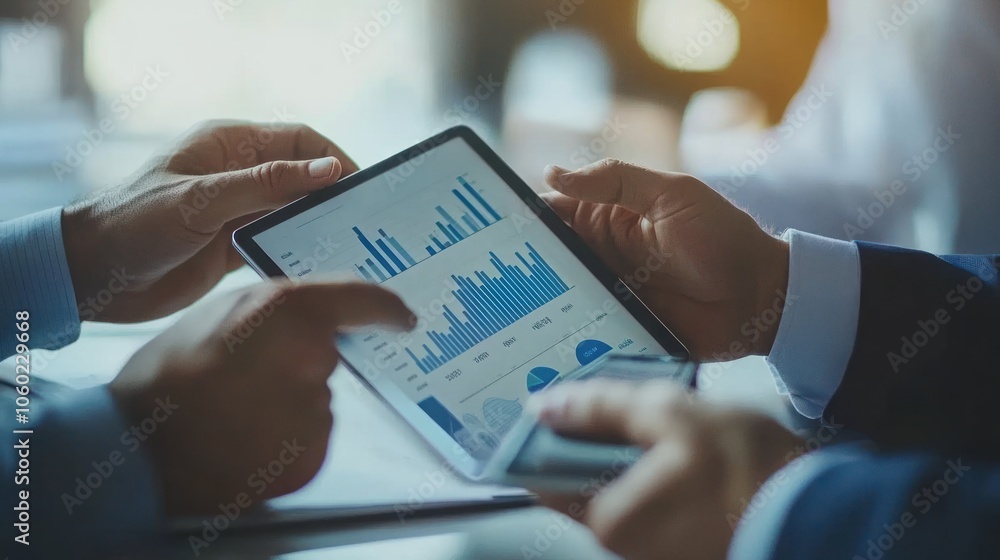 Poster two individuals analyzing data on a tablet, showcasing graphs and charts for business insights.