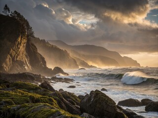 Obraz premium Moody Atmospheric Seascape with Rugged Coastline in Cinematic Style, Perfect for Dramatic Settings