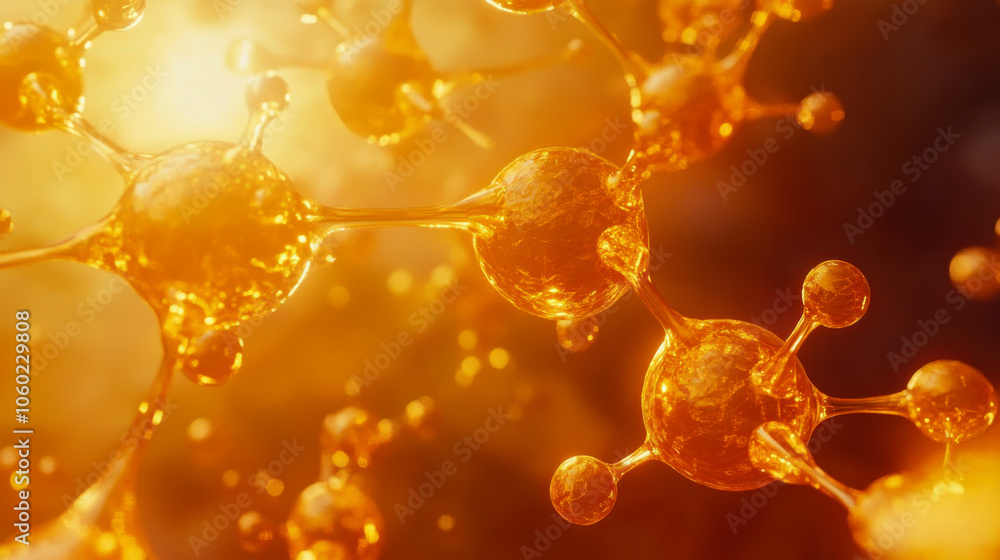 Poster microscopic view of vibrant orange molecular structures in a dynamic scientific environment illumina