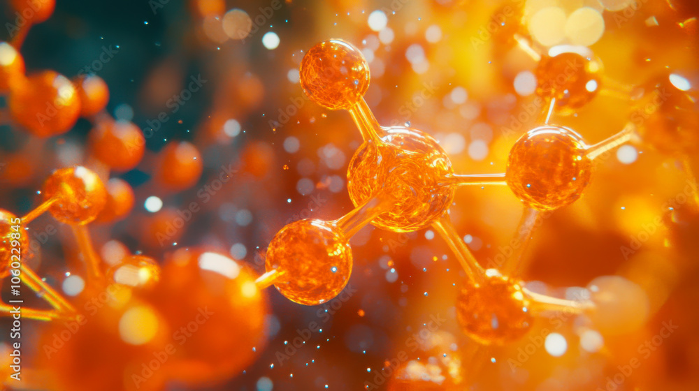 Poster microscopic view of vibrant orange molecular structures in a dynamic scientific environment illumina