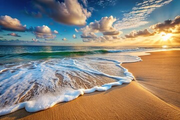 Naklejka premium Calming sea foam and surf on a sandy beach with subtle wave patterns, sea, beach, shoreline