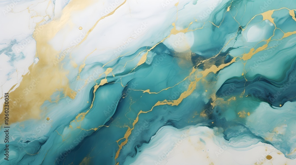 Poster abstract art featuring flowing turquoise and gold patterns on a white background.