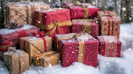 Decorative christmas tree made of red wrapped gifts for holiday celebrations and festivities