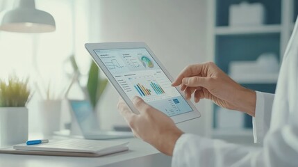 A person in a lab coat interacts with a tablet displaying data and graphs.