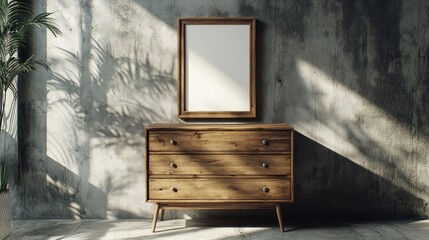 A wooden dresser with a mirror, illuminated by natural light in a minimalist space.