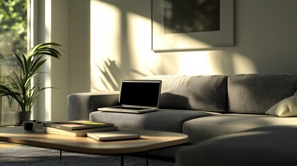 Fototapeta premium Modern Living Room with Sunlight and Laptop