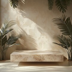Beige Natural Stone Podium with Leafy Background