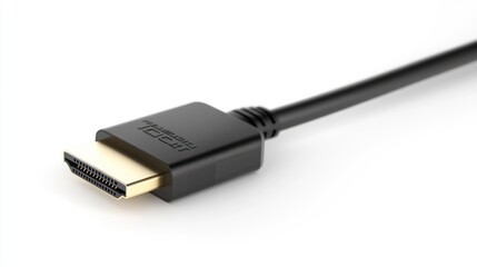 A close-up of a black HDMI cable connector, designed for high-definition audio and video transmission.