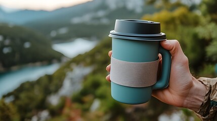 Minimalist Pop Art Coffee Mug Held by Hiker Amid Scenic Mountain Landscape