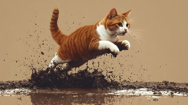 Playful Feline's Muddy Leap in Minimalist Pop Art Style