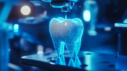 Digital representation of a dental implant in a high-tech lab setting showcasing futuristic technology in oral health