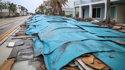 Residential street with blue tarpaulin covering debris from damaged buildings after a storm, surrounded by palm trees and wet pavement.