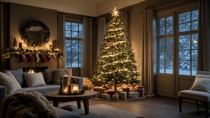 Przytulny salon z choinką na święta
