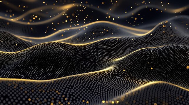 Golden waves gracefully ebb and flow over a dark expanse, resembling a cosmic ocean sprinkled with shimmering stars, evoking a sense of tranquility and wonder in the twilight.