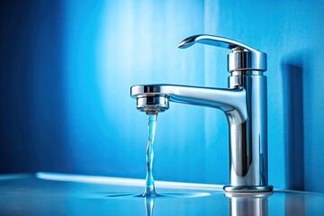 Dripping water from a faucet in a modern bathroom on a blue background, blue surface, water flow