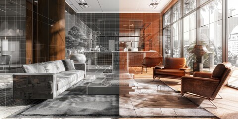 Create a realistic modern luxurious office space with sophisticated furniture, where the left side of the image showcases a clear, highly realistic image. As you move to the right