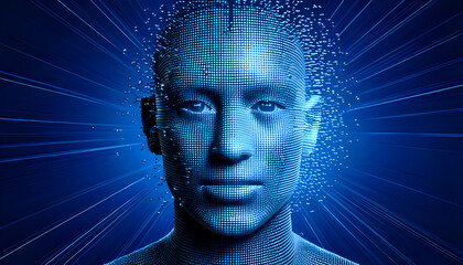 Obraz premium Digital human face concept with 3D pixels dispersion effect on a blue abstract background.