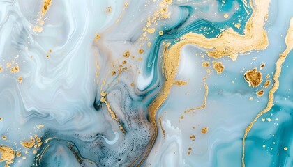 Abstract fluid art featuring swirling teal, white, and gold patterns.