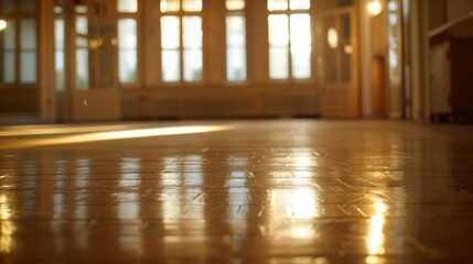 Sunlight reflects on shiny hardwood floor in bright, spacious room with large windows. Empty and inviting, clean and elegant for relaxation. Natural light enhances cozy ambiance