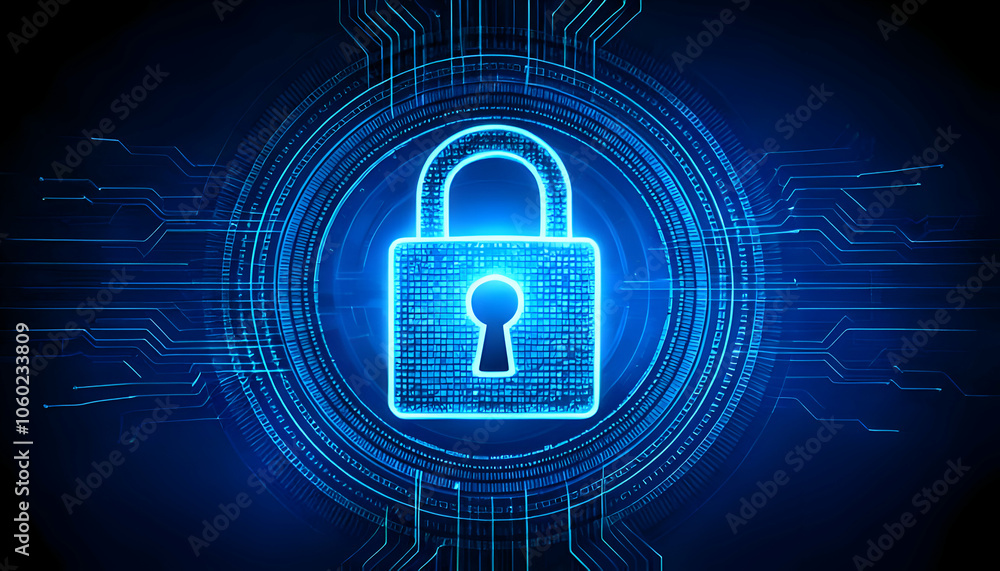 Poster digital padlock for computing system on dark blue background, cyber security technology for