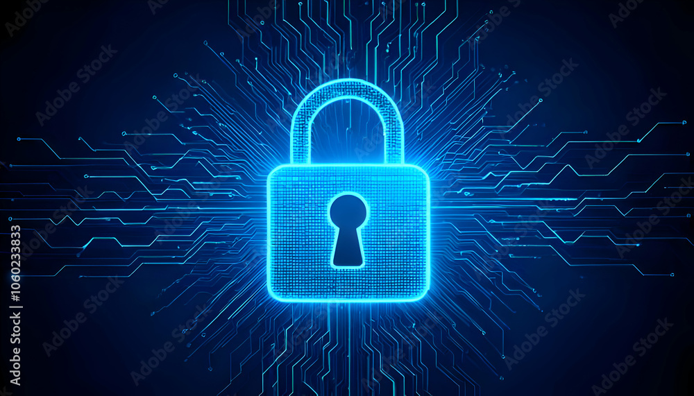 Poster digital padlock for computing system on dark blue background, cyber security technology for