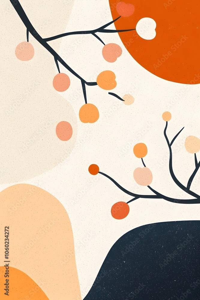 Poster Minimalist Japanese Inspired Abstract Nature Pattern with Soft Muted Shapes and Colors