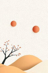 Minimalist Japanese Inspired Landscape with Geometric Patterns and Nature Motifs