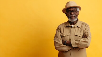 Confident and Composed African Elderly Man Wearing a Modern Khaki Outfit Posing in a Bright Studio Setting with Yellow Background