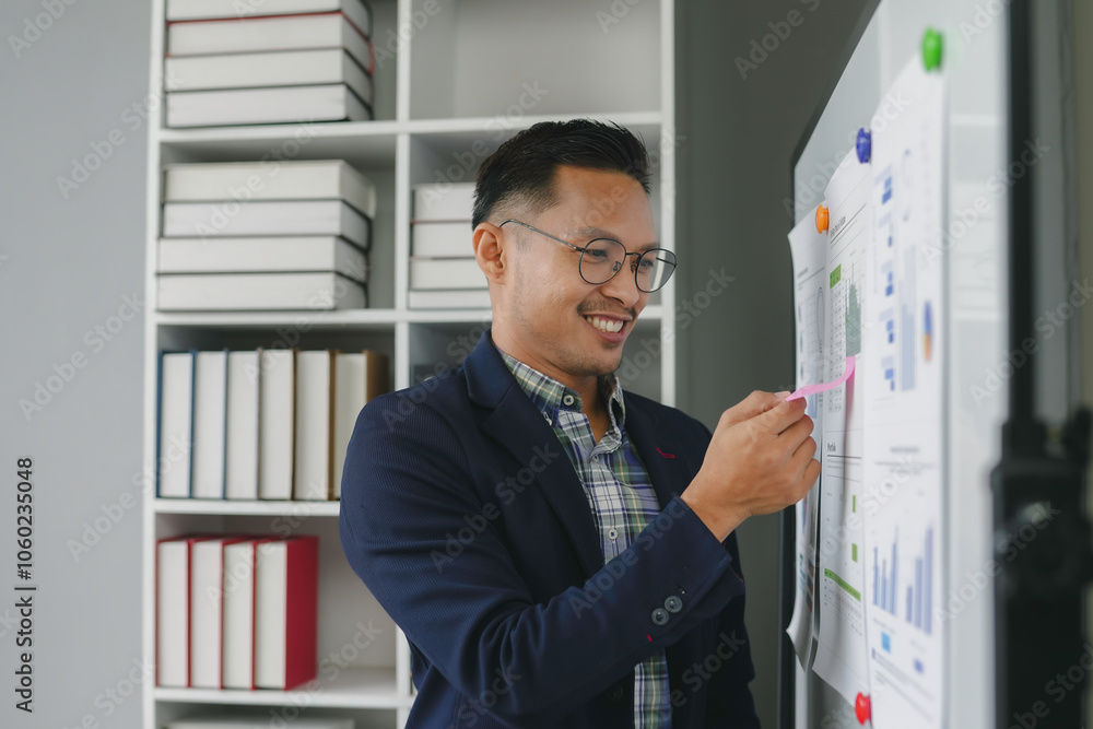 Poster businessman is smiling while putting a sticky note on a whiteboard with business data on it