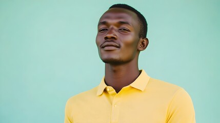 Obraz premium A poised and confident young Kenyan man exudes happiness and positivity dressed in a sharp mustard yellow polo shirt