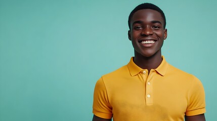 A full body shot of a poised young Kenyan man who is elated and dressed in a sharp mustard yellow polo shirt standing against a plain mint green background with lighting studio setup