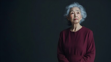 Tranquil and Dignified Elderly Japanese Woman Wearing a Modern Burgundy Shift Dress Poses Thoughtfully Against a Plain Charcoal Background in a Lighting Studio Setting